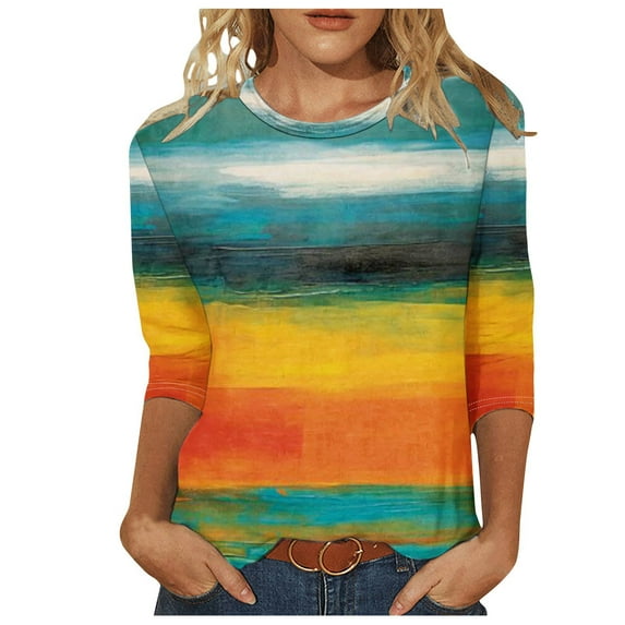 Dazajoo Plus Size Striped Blouses for Women 2024 Summer Women's 3/4 Sleeve Crew Neck Shirts Dressy Trendy Colorful Tie Dye Color Block Tee Blouses,Green,XXXL