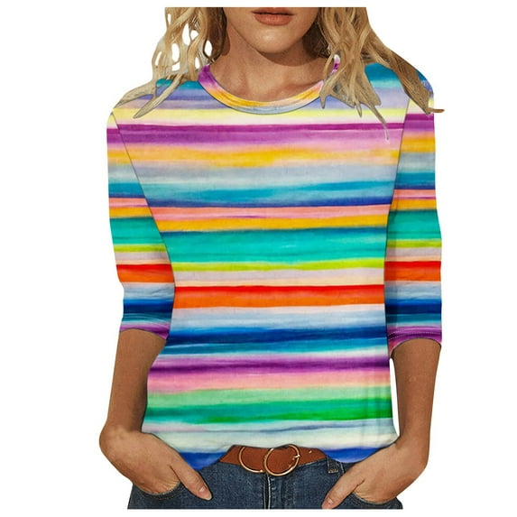 Dazajoo Plus Size Striped Tops for Women Summer Dressy Casual 3/4 Sleeve Round Neck Shirts 2024 Women's Fashion Loose Fit Colorful Color Block Stripes Blouses,Blue,L