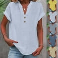 thumbnail image 1 of Dazajoo Plus Size Summer Linen Shirts for Women 2025 Casual Short Sleeve V Neck Button Tops Basic Solid Color Blouses,Light Blue,M, 1 of 7