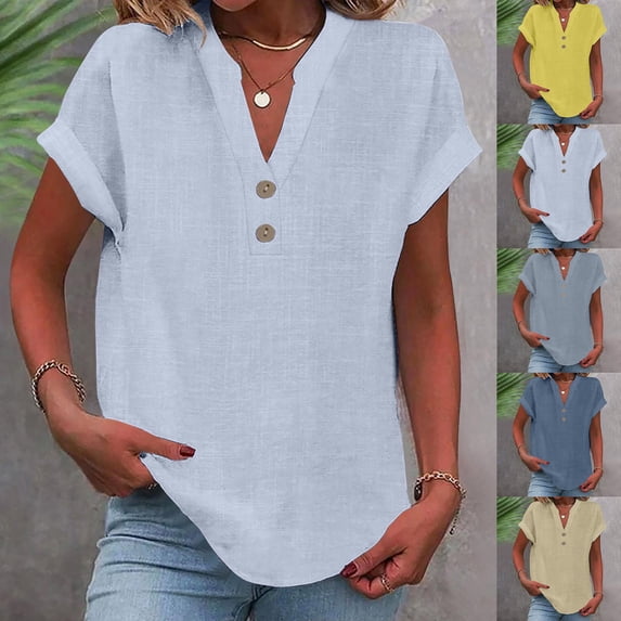 Dazajoo Plus Size Summer Linen Shirts for Women 2025 Casual Short Sleeve V Neck Button Tops Basic Solid Color Blouses,Light Blue,M