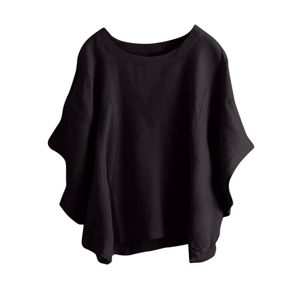 Dazajoo Plus Size Women Solid Color Short Sleeve T-Shirts Oversized Cotton Linen Round Neck Casual Tunics Shirt 2024 Summer Fashion Flowy Blouses for Women,Black,L