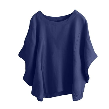 Dazajoo Plus Size Women Solid Color Short Sleeve T-Shirts Oversized Cotton Linen Round Neck Casual Tunics Shirt 2024 Summer Fashion Flowy Blouses for Women,Blue,XXXXL
