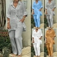 thumbnail image 1 of Dazajoo Plus Size Women's Linen Sets Button Down Long Sleeve Lapel Shirts and Wide Leg Pants Loungewear Summer Beach Outfits,Blue,M, 1 of 9