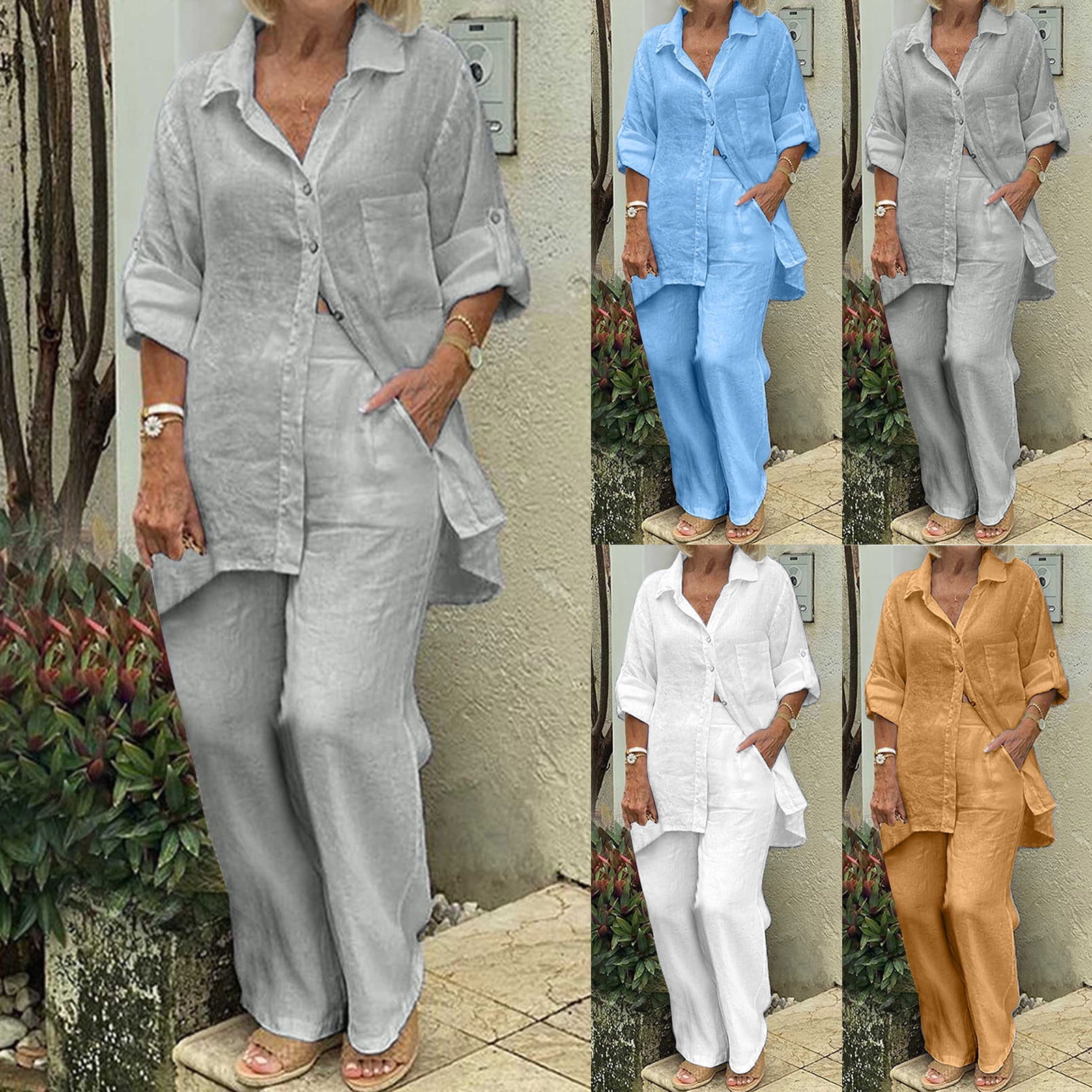 Dazajoo Plus Size Women's Linen Sets Button Down Long Sleeve Lapel ...