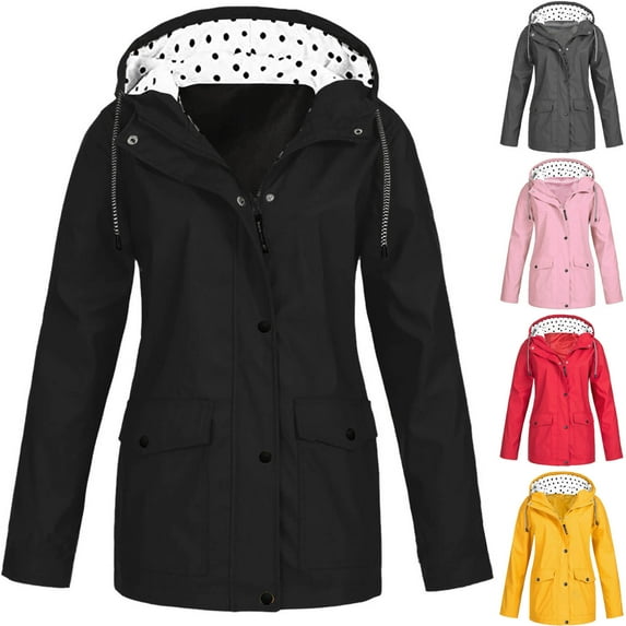 Dazajoo Plus Size Women's Rain Jacket Polka Dot Lined Adjustable Drawstring Hooded Windbreaker Raincoat with Pockets,Pink,L
