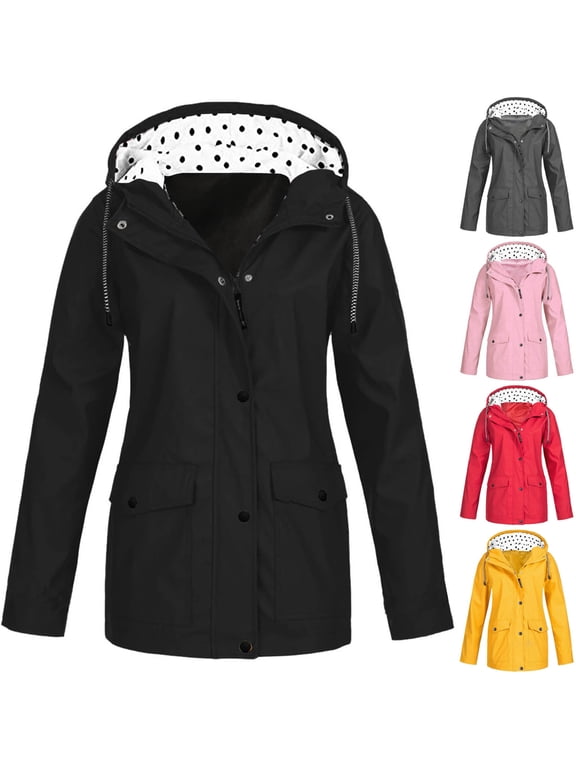 Plus Size Women's Rain Jacket Polka Dot Lined Adjustable Drawstring Hooded Windbreaker Raincoat with Pockets,Pink,S