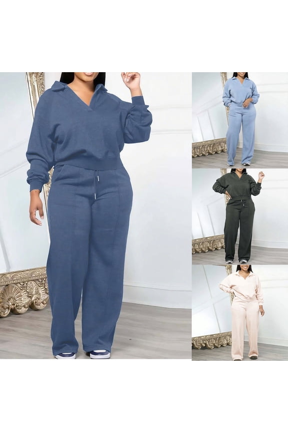 Plus Size Women's Sets 2 Piece Outfit Long Sleeve Lapel V Neck Sweatshirt and Drawstring Wide Leg Pants Sweatsuits,Navy,XXXL