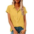 thumbnail image 1 of Dazajoo Plus Size Womens Button Down Short Sleeve Blouses Dressy Casual Front Pleated Lapel Collared Tee Shirts,Yellow,XXXXXL, 1 of 7