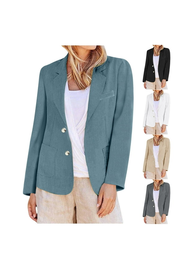 Plus Size Womens Linen Blazer Button Down Long Sleeve Suit Jackets Dressy Casual Lightweight Business Blazers with Pockets,White,M