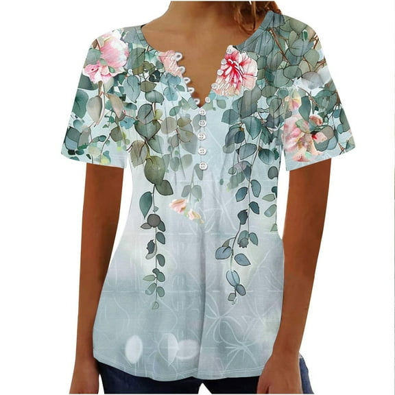 Dazajoo Plus Size Womens Tunic Tops Short Sleeve Casual Floral Shirts Summer V Neck Button Pleated Hide Belly Blouses,Multicolor,S