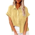 thumbnail image 1 of Dazajoo Pluse Size Button Down Shirts for Women 2024 Summer Comfy Cotton Linen Tops Womens Solid Color Short Sleeve Casual Blouse,Yellow,M, 1 of 6