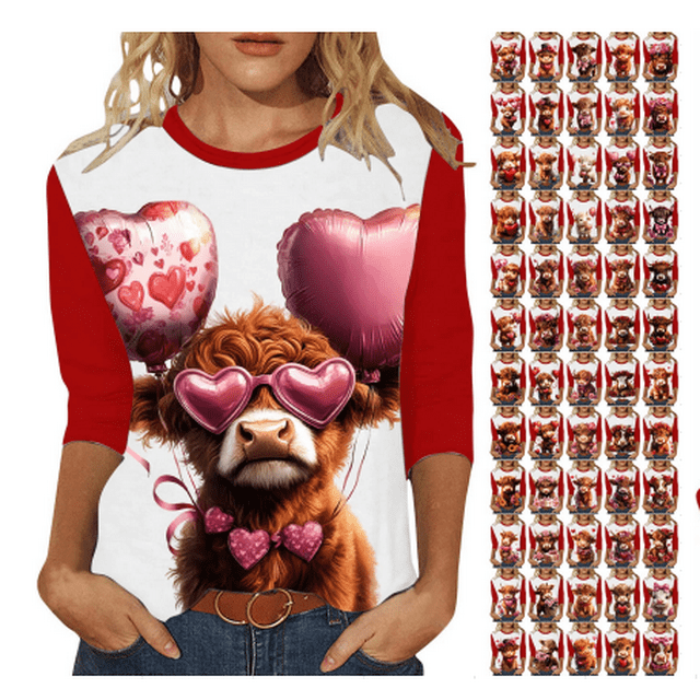 Dazajoo Prime Deals Valentine's Day 3/4 Sleeve Tops for Women Cute Cow