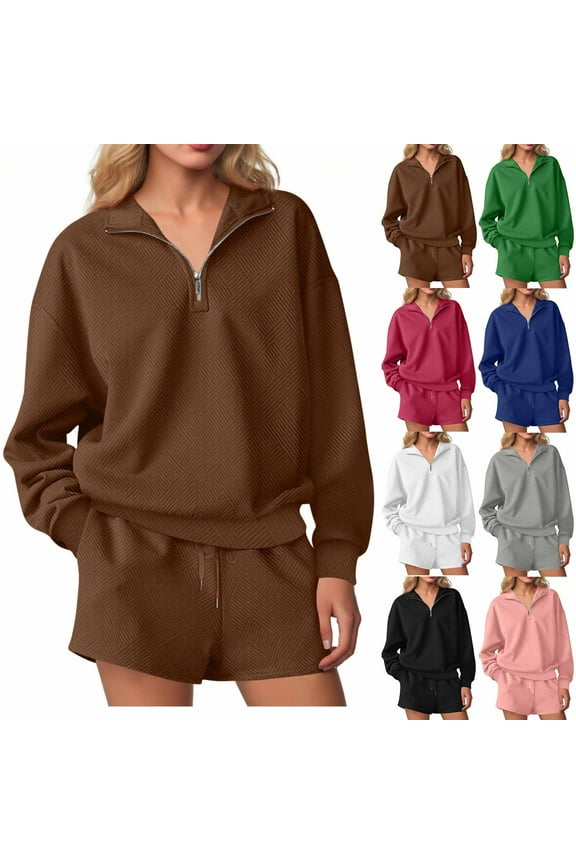 Quarter Zip Sweatsuits Women 2 Piece Outfit Long Sleeve Pullover Matching Drawstring Shorts with Pockets Sets,Gray,S