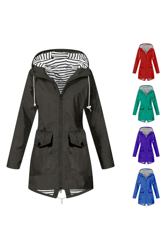 Raincoat Women Waterproof Long Hooded Trench Coats Striped Lined Windbreaker Travel Jackets with Pockets,Blue,S