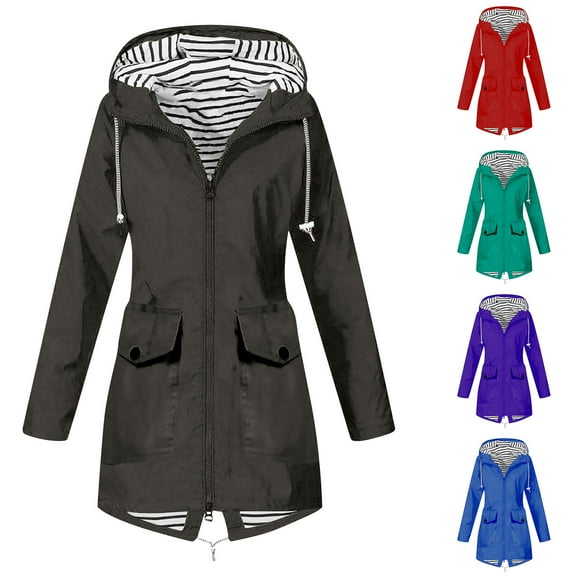 Dazajoo Raincoat Women Waterproof Long Hooded Trench Coats Striped Lined Windbreaker Travel Jackets with Pockets,Red,S