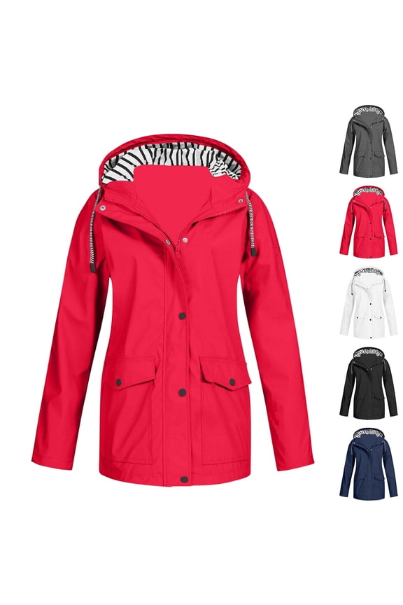 Raincoat for Women Pure Striped Lined Rain Jackets Waterproof Outdoor Plus Size Hooded Lightweight Rain Coats,Navy,S