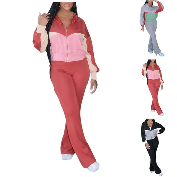 Dazajoo Red Yoga Sweatsuits Women 2 Piece Outfit Long Sleeve Zip Up Crop Jacket and Flare Pants Casual Lightweight Workout Sets,S