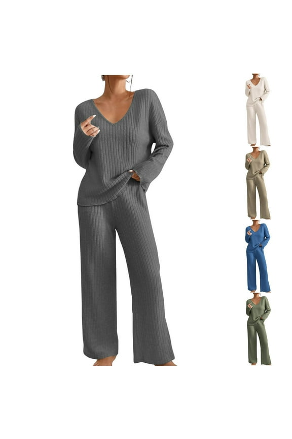 Ribbed Sets for Women 2 Piece Long Sleeve V Neck Knit Sweater with Wide Leg Long Pants Casual Lightweight Comfy Lounge Suits,Gray,XL