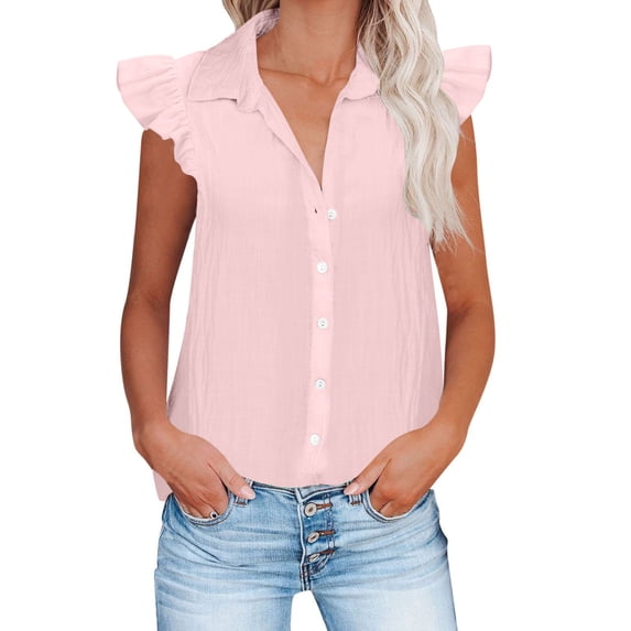 Dazajoo Ruffle Cap Sleeve Tops for Women Summer Lightweight Button Down Linen Shirts 2024 Womens Solid Color Lapel V Neck Blouses,Pink,S
