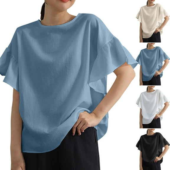 Dazajoo Ruffle Sleeve Tops for Women Linen Cotton Round Neck Blouses Summer Casual Solid Color Tops,White,Free Size