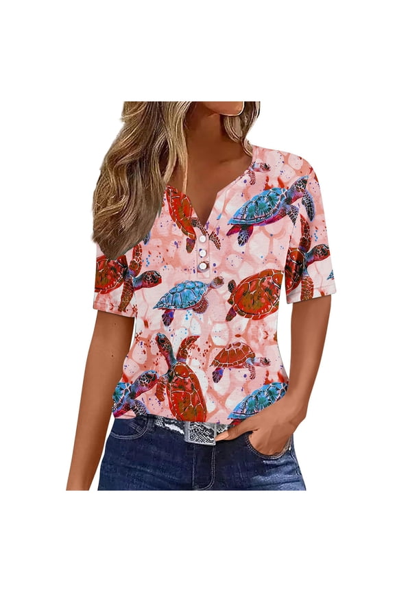 Sea Turtle Shirts for Women Plus Size Beach Graphic Summer Short Sleeve Tshirt 2024 Womens Casual Button V Neck Tunic Tee for Vacation,Red,L