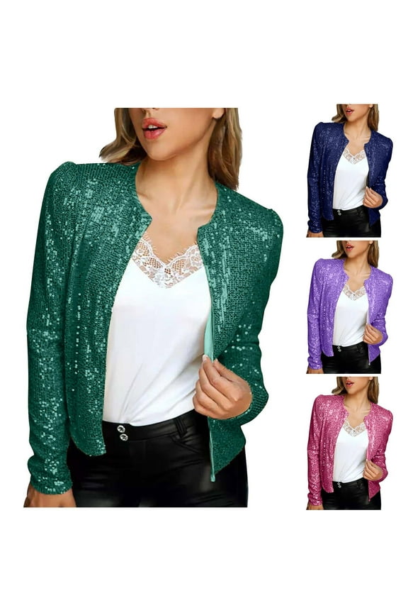 Sequin Jacket for Women Party Night Zip Up Shiny Jackets Elegant Glitter Cropped Cardigans,Green,XXL