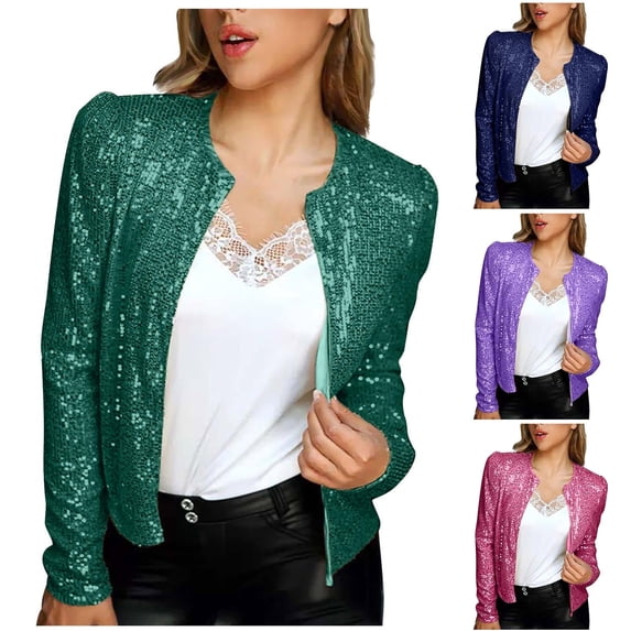 Dazajoo Sequin Jacket for Women Party Night Zip Up Shiny Jackets Elegant Glitter Cropped Cardigans,Hot Pink,M