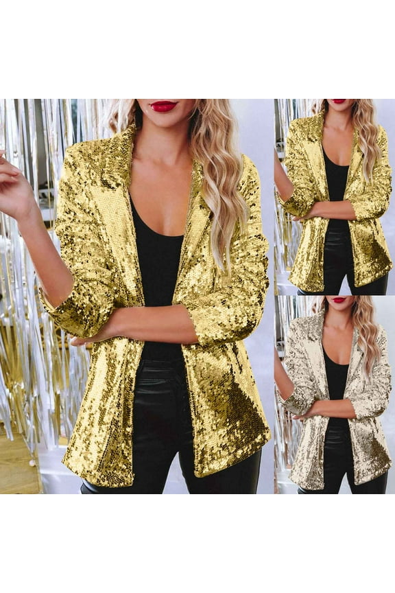 Sequin Sparkle Blazer for Women Casual Long Sleeve Open Front Shiny Glitter Cardigan,Yellow,XXXL