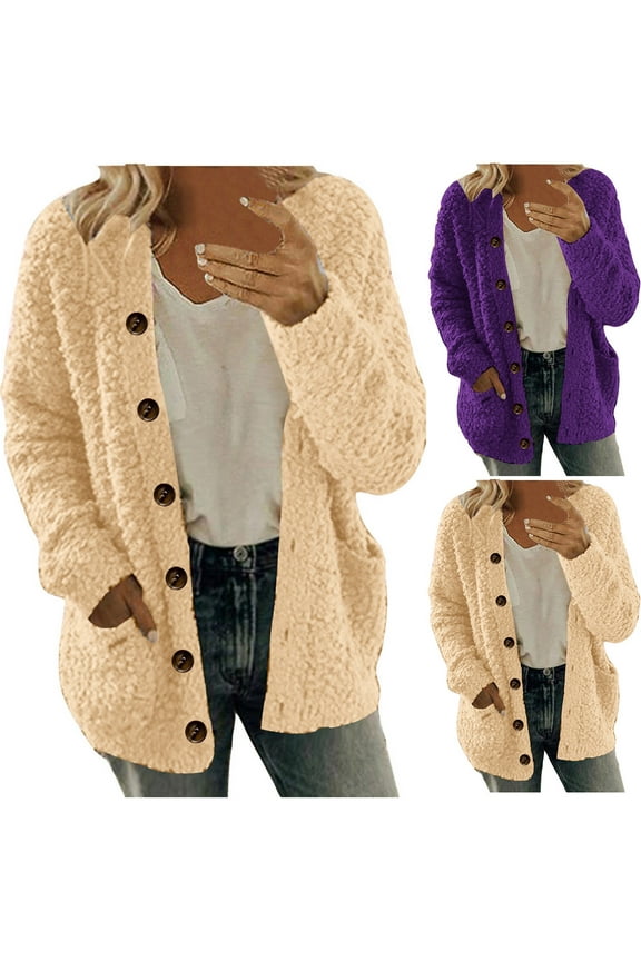 Sherpa Cardigan Sweaters for Women Fleece Jacket with Pockets Long Sleeve Button Down Winter Coats,Khaki,M