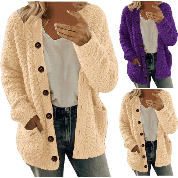 Dazajoo Sherpa Cardigan Sweaters for Women Fleece Jacket with Pockets Long Sleeve Button Down Winter Coats,Khaki,XXXXL
