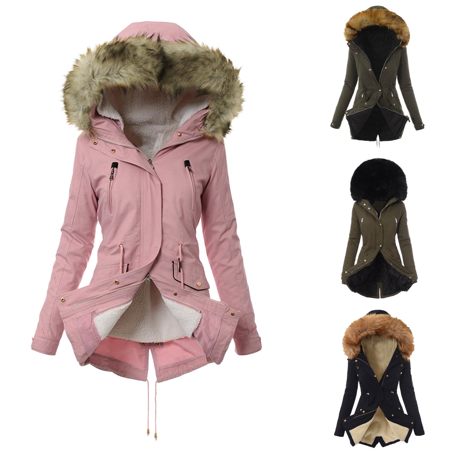 Dazajoo Sherpa Fleece Lined Jacket Women Hood Puffer Jacket Raw Hem ...