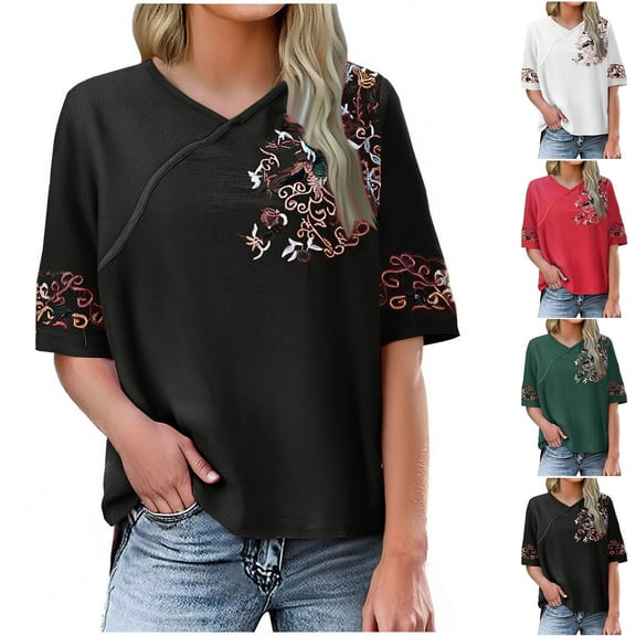 Dazajoo Short Sleeve Embroidered Tops for Women Casual Summer V Neck Peasant Blouses Loose Vintage Boho Floral Tunic,Red,XXL