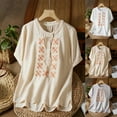 thumbnail image 1 of Dazajoo Short Sleeve Linen Shirt Women Boho Floral Embroidered Round Neck Tops Summer Casual Lightweight T Shirts,Beige,L, 1 of 9