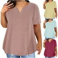 thumbnail image 1 of Dazajoo Short Sleeve Solid Color Blouses for Women Eyelet Embroidery Plus Size Tops 2024 Summer Womens Dressy Casual Notch V Neck Shirts,Yellow,L, 1 of 6