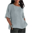 thumbnail image 1 of Dazajoo Side Slit Tees for Women Cotton Linen Round Neck Plus Size Summer Shirts 2024 Womens Casual Half Sleeve Solid Color T Shirt,Gray,L, 1 of 5