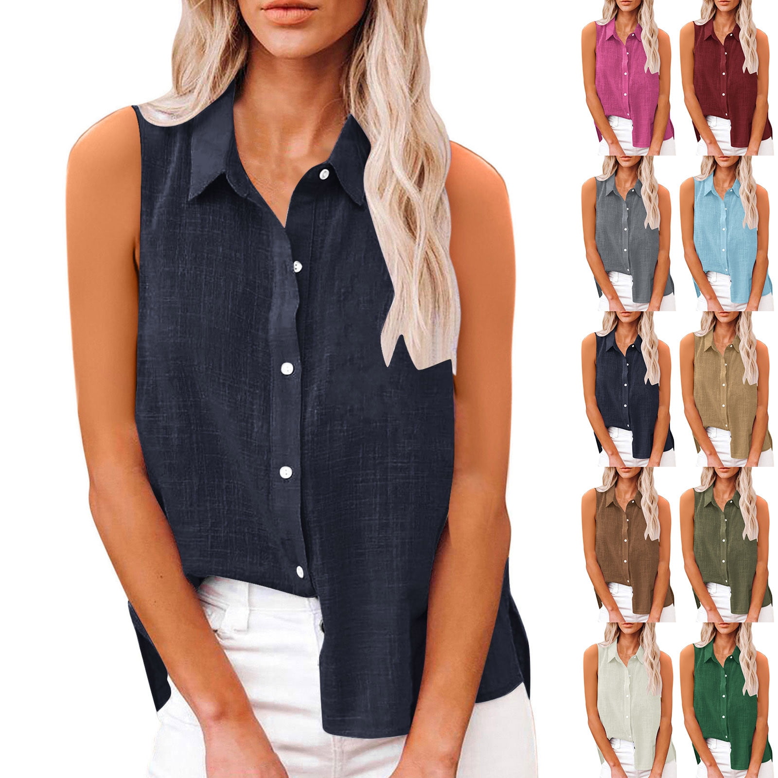 Dazajoo Sleeveless Button Down Shirts for Women Linen Cotton Lapel ...