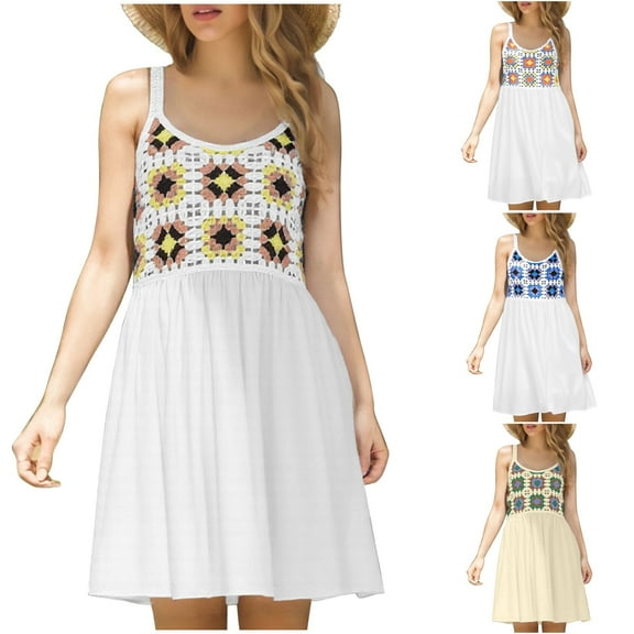 Dazajoo Sleeveless Floral Dresses for Women 2025 Beach Vacation Sundress Summer Retro Embroidered Hollow Out Dress,Blue,Free Size