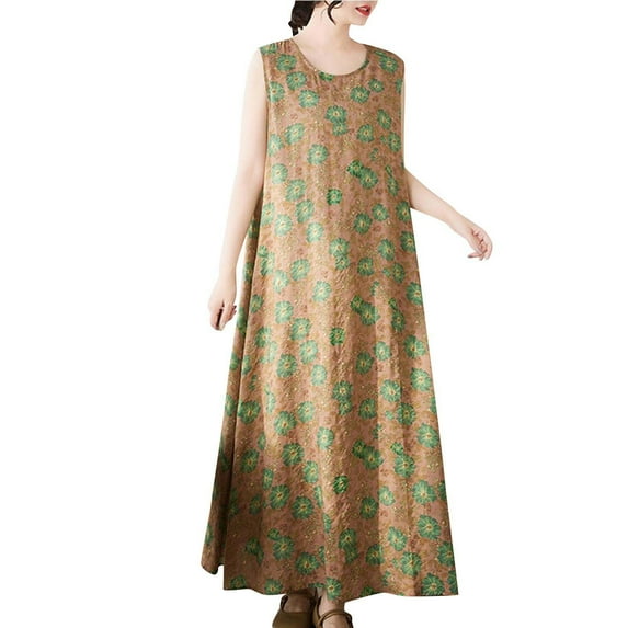 Dazajoo Sleeveless Linen Dresses for Women Floral Print Beach Vacation Tank Dress Summer Lightweight Maxi Dresses,Yellow,L