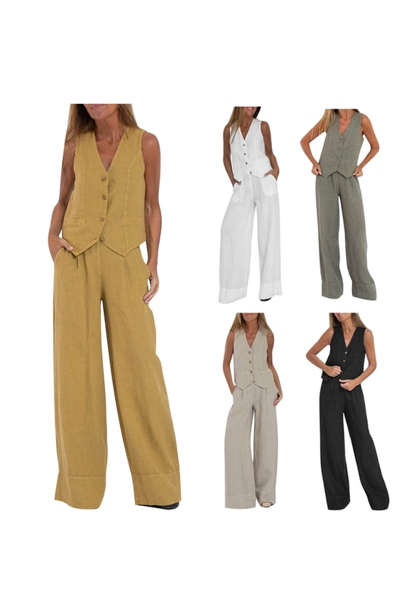 Sleeveless Linen Set for Women Button Down Vest and Wide Leg Pants with Pockets Work Suits Summer Casual Loungewear,Green,M