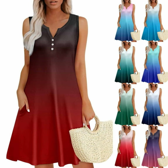 Dazajoo Sleeveless Sundresses for Women 2025 Tie Dye Henley Tank Dress with Pockets Casual Button V Neck Midi Dresses,Purple,XXL