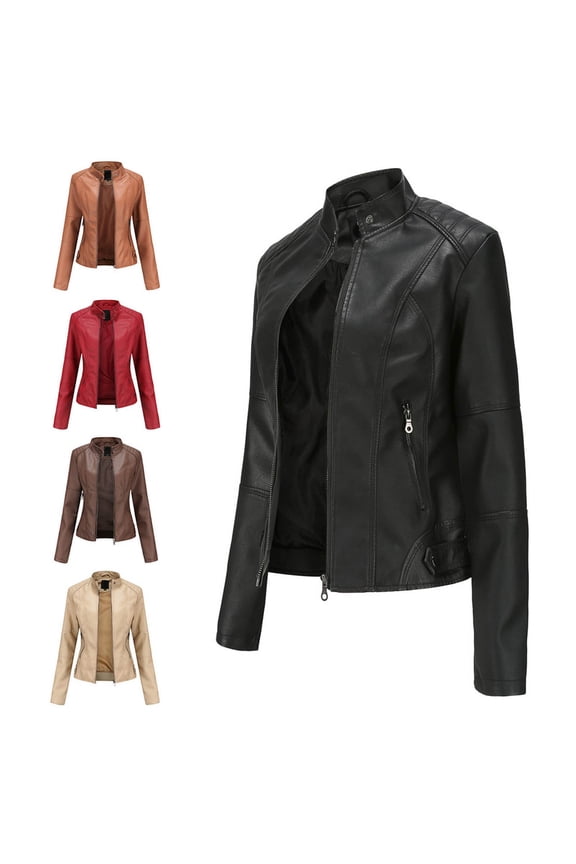 Slim Leather Jacket Women Faux Leather Long Sleeve Jackets Zip Up Motorcycle Jacket,Red,M