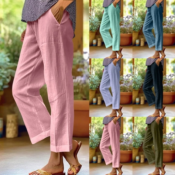 Dazajoo Soft Linen Pants for Women Solid Color Cotton Trousers Summer Elastic High Waisted Lightweight Beach Pants with Pockets,Blue,S