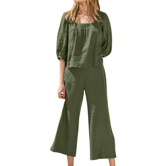 Dazajoo Solid Color 2 Piece Outfits Set for Women Cotton Linen 3/4 Sleeve Square Neck Shirts Tops Wide Leg Pants Lounge Suits 2024 Womens Summer Fashion Loose Fit Loungewear,Army Green,S