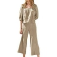 thumbnail image 1 of Dazajoo Solid Color 2 Piece Outfits Set for Women Cotton Linen 3/4 Sleeve Square Neck Shirts Tops Wide Leg Pants Lounge Suits 2024 Womens Summer Fashion Loose Fit Loungewear,Khaki,M, 1 of 5
