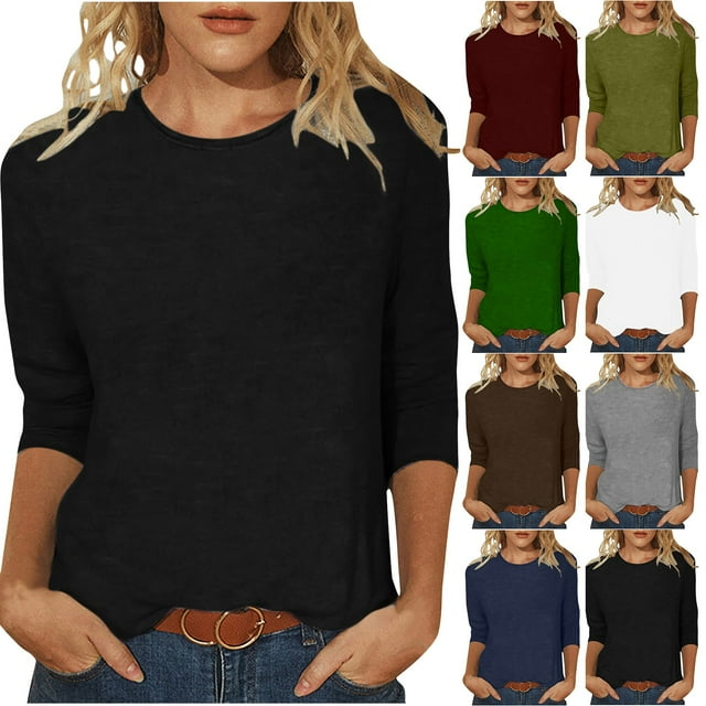 Dazajoo Solid Color 3/4 Length Sleeve Tops for Women Summer Casual Loose Fit Crew Neck T Shirts Womens Going Out Shirts Basic Tunic 2024,Gray,S