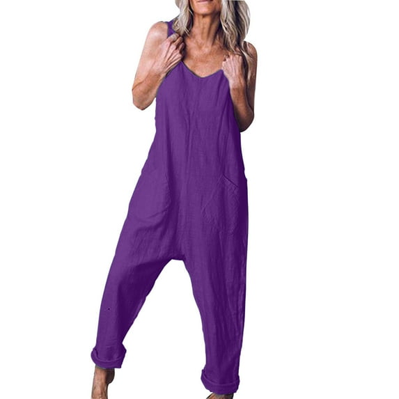 Dazajoo Solid Color Cotton Linen Jumpsuits for Women V Neck Sleeveless Spaghetti Casual Loose Fit Long Pants Jumpers 2024 Summer Women's Baggy Flowy Rompers,Purple,XL