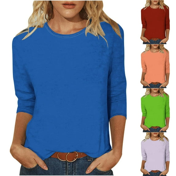 Dazajoo Solid Color Dressy Tunic Tops for Women 3/4 Sleeve Round Neck Loose Casual Tee Shirts 2024 Womens Fashion Relax Fit Summer T-shirt,Wine,X-Large