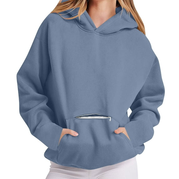 Dazajoo Solid Color Hoodies for Women Pullover Long Sleeve Oversized Sweatshirts with Zipper Pocket,Blue,M