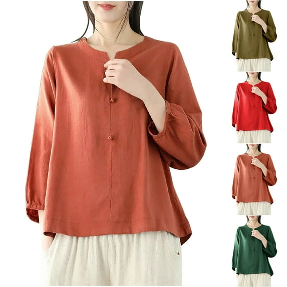 Dazajoo Solid Color Round Neck Blouses for Women Casual Cotton Linen Long Sleeve Shirts Summer Loose Lightweight Tops,Red,XXXXL