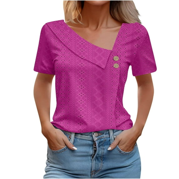 Dazajoo Solid Color Shirts for Women 2024 Fashion Slant V Neck Palace Lock Tshirt Womens Summer Short Sleeve Casual Loose Fit Tops,Hot Pink,S